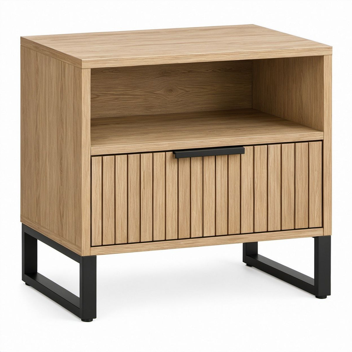 Mesa de cabeceira em MDF efeito carvalho natural com detalhes pretos, 50 x 40 x 60 cm