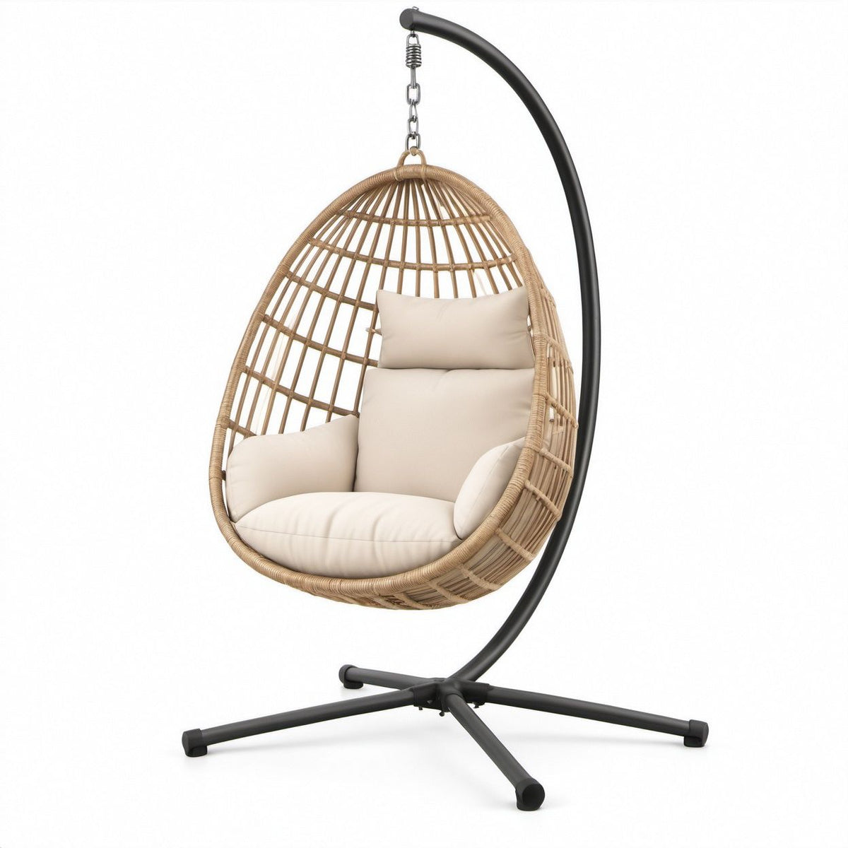 Cadeira Suspensa Oval em Rattan PE Bege e Aço Preto com Suporte 105 x 105 x 195 cm