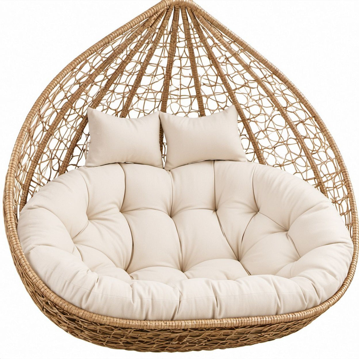 Cadeira Suspensa Oval Dupla em Rattan PE Castanho com Almofadas Bege, 130 x 120 x 180 cm