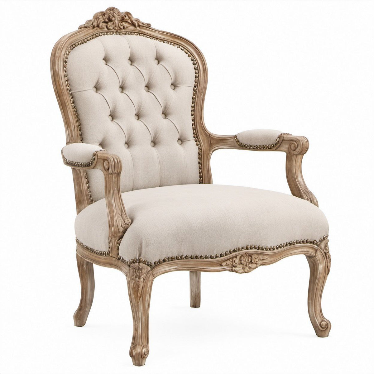 Poltrona Clássica Bege com Estrutura em Madeira Maciça 78 x 82 x 112 cm
