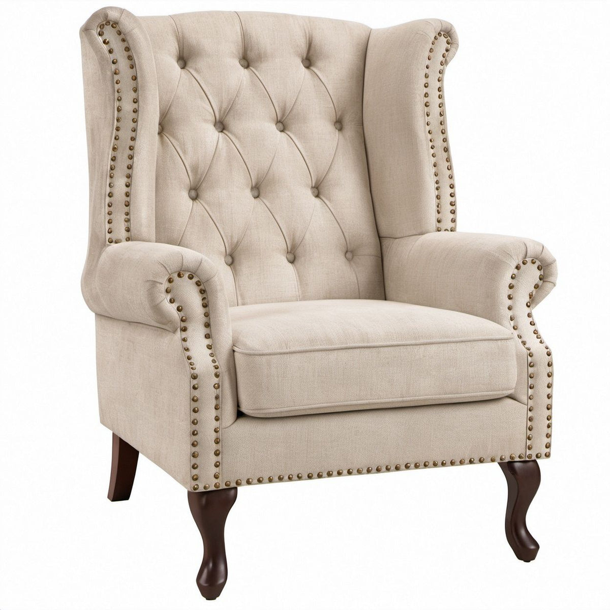 Poltrona de Orelhas Bege com Capitonê, Tachas Decorativas e Pés em Madeira 86 x 92 x 112 cm