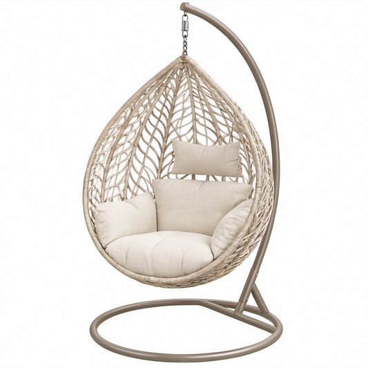 Cadeira Suspensa Oval Bege e Castanho-claro em Polietileno e Aço 105 x 105 x 195 cm