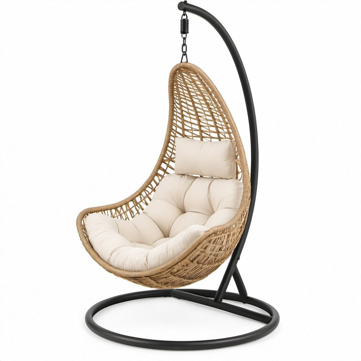 Cadeira Suspensa Oval em Rotim Sintético com Suporte, 105 x 105 x 195 cm, Bege, Creme e Preto