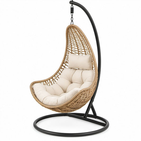 Cadeira Suspensa Oval em Rotim Sintético com Suporte, 105 x 105 x 195 cm, Bege, Creme e Preto