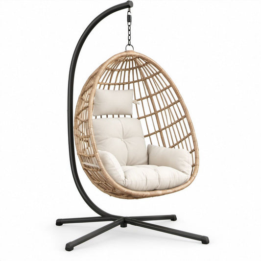 Cadeira Suspensa Oval em Rattan PE Bege com Suporte de Aço Preto, 105 x 105 x 195 cm