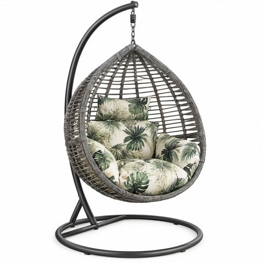 Cadeira Suspensa Oval em Rattan PE Cinzento com Suporte de Aço Preto 105 x 105 x 195 cm