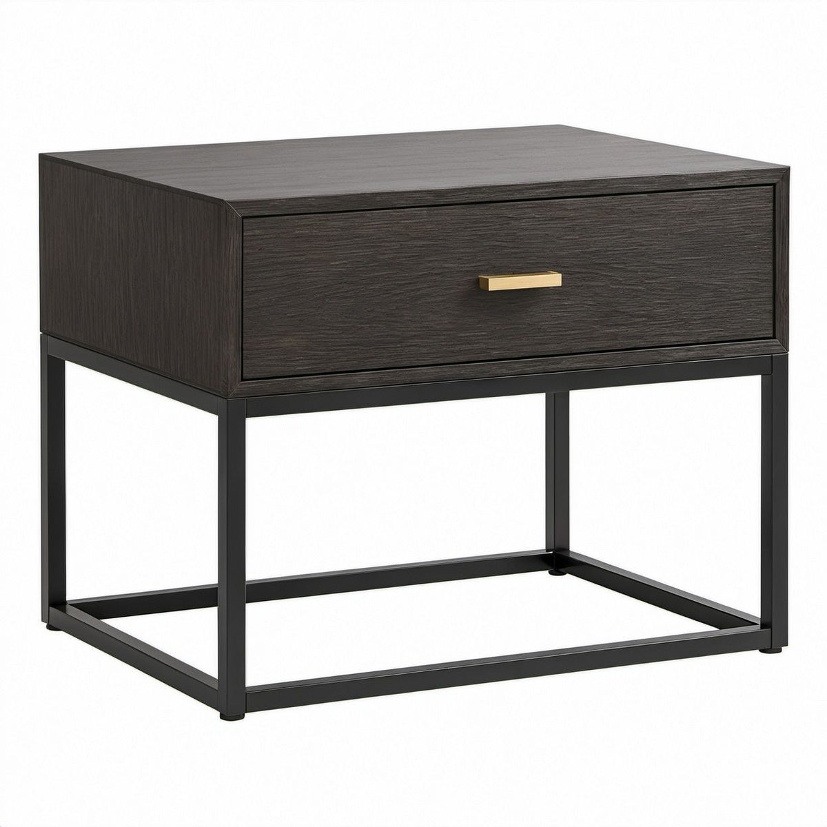 Mesa de Cabeceira Retangular em MDF e Aço Preto, Castanho-Escuro e Dourado, 55 x 40 x 55 cm