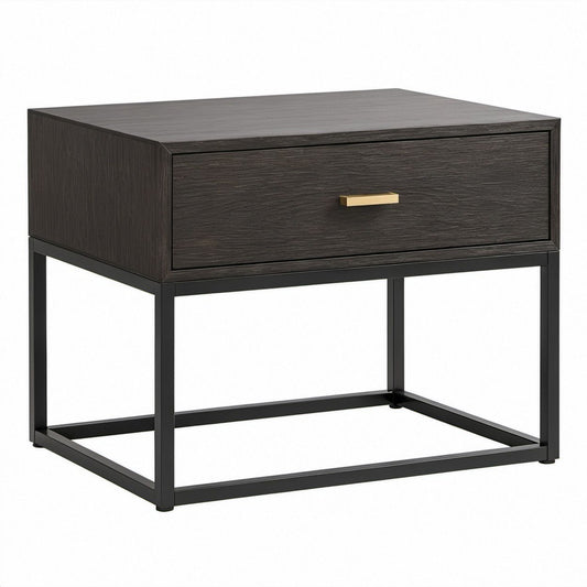 Mesa de Cabeceira Retangular em MDF e Aço Preto, Castanho-Escuro e Dourado, 55 x 40 x 55 cm