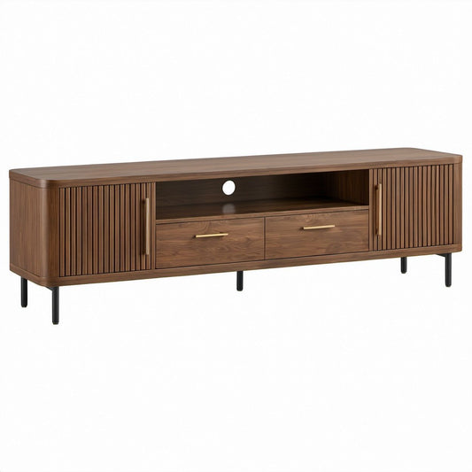 Móvel de TV em MDF Castanho Nogueira com Pernas Pretas e Puxadores Dourados 180 x 40 x 55 cm