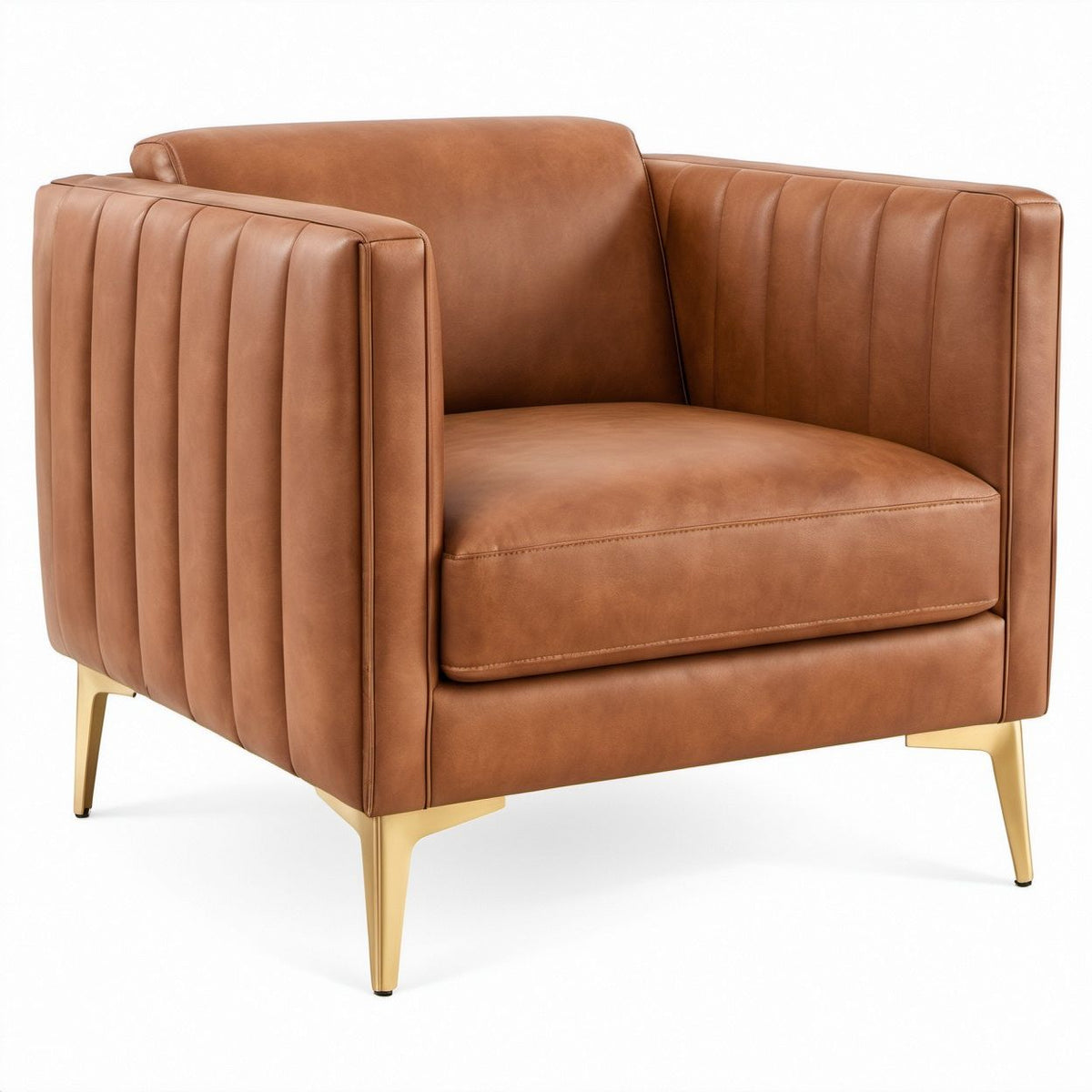 Poltrona Lounge Quadrada em Pele Sintética PU Castanha e Dourada 85 x 82 x 78 cm