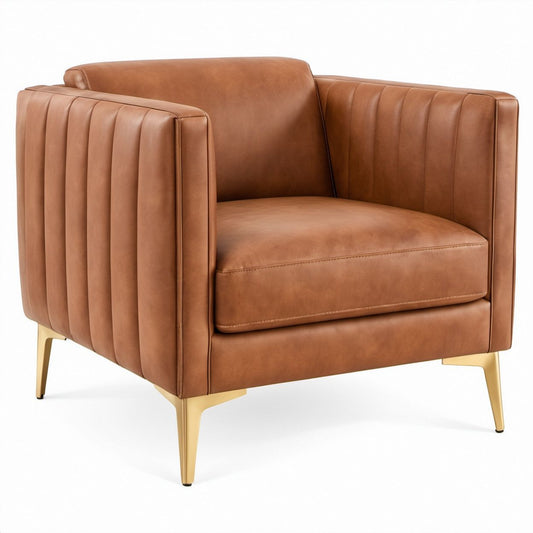 Poltrona Lounge Quadrada em Pele Sintética PU Castanha e Dourada 85 x 82 x 78 cm