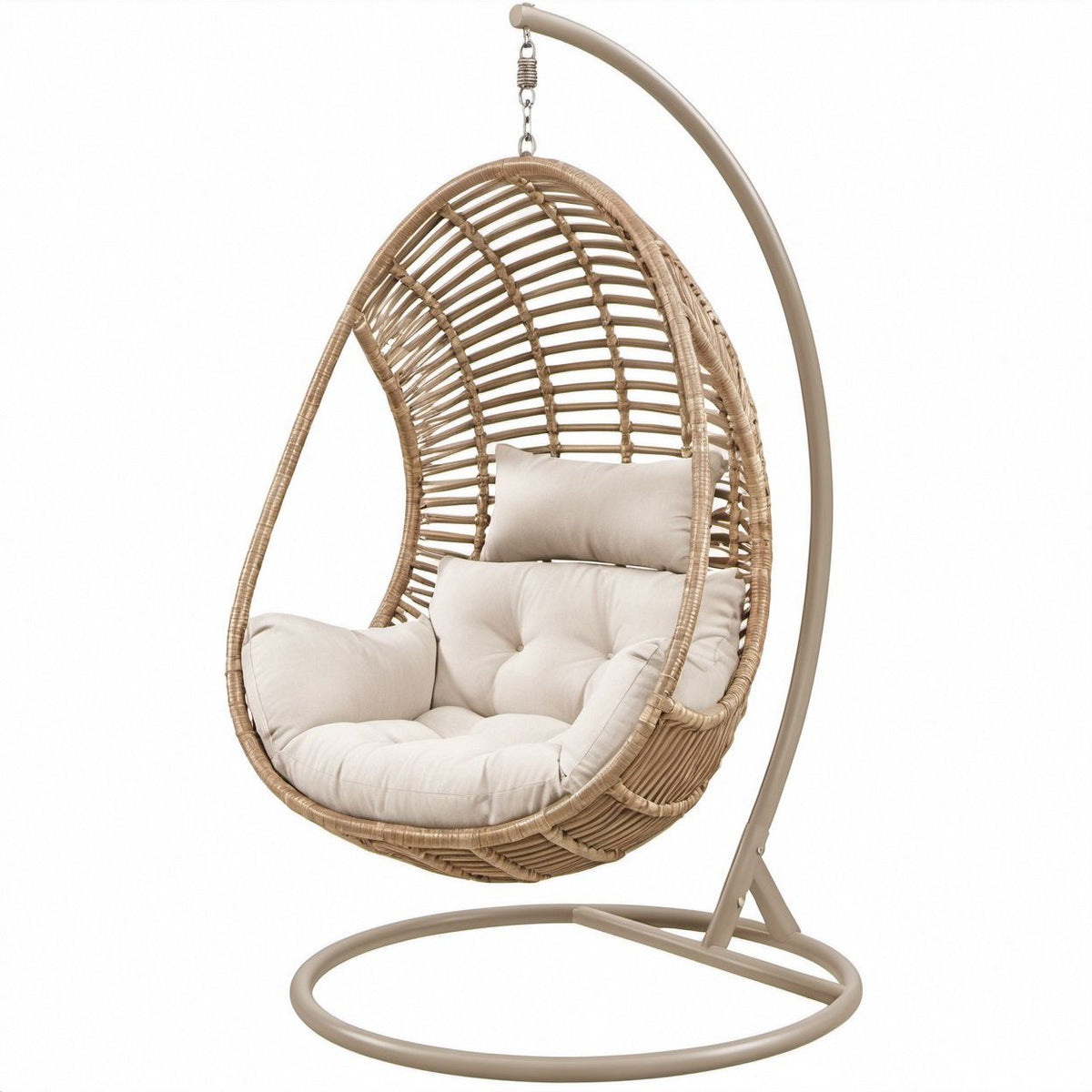 Cadeira Suspensa de Exterior em Forma de Ovo Bege com Suporte de Aço e Vime Sintético, 105 x 105 x 195 cm