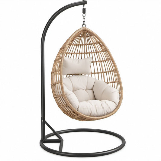 Cadeira Suspensa Oval Natural com Suporte em Aço Preto e Almofadas Brancas, 105 x 105 x 195 cm