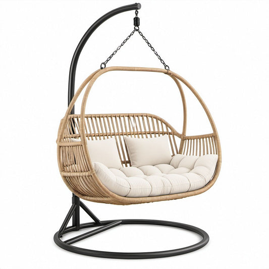 Cadeira Suspensa Dupla Oval em Vime PE Bege com Suporte em Aço Preto, 170 x 120 x 200 cm