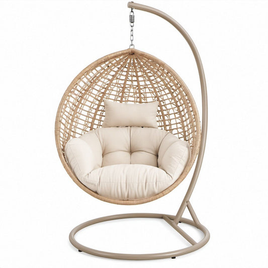 Cadeira Suspensa Oval Bege em Vime Sintético PE com Suporte de Aço, 105 x 105 x 195 cm