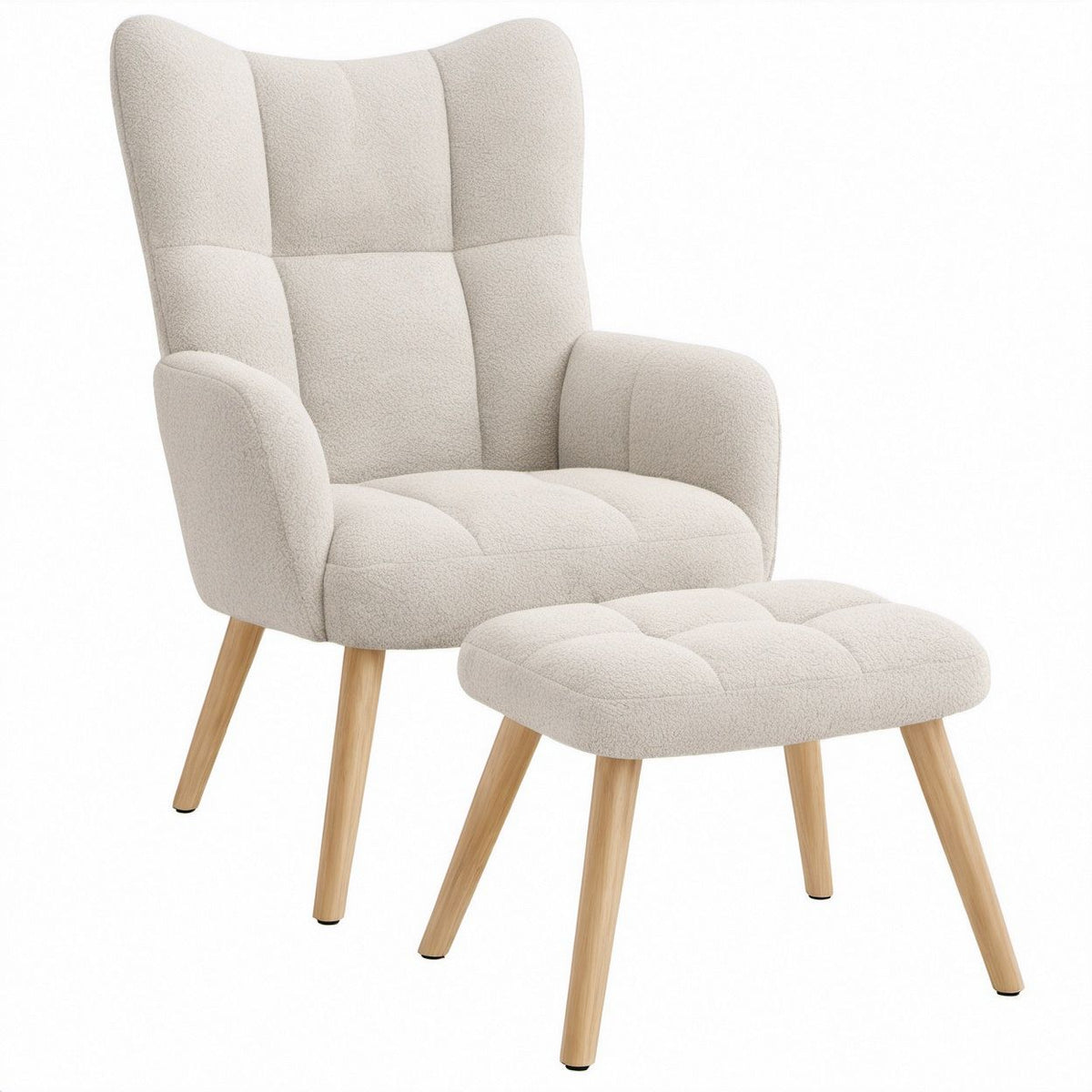 Conjunto de Cadeirão com Apoio para os Pés em Bouclé Bege e Madeira Natural Clara, Cadeirão 68 x 82 x 103 cm