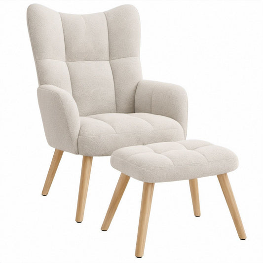 Conjunto de Cadeirão com Apoio para os Pés em Bouclé Bege e Madeira Natural Clara, Cadeirão 68 x 82 x 103 cm