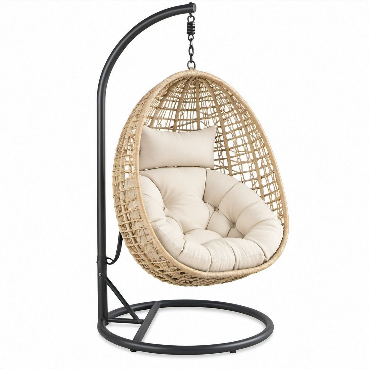 Cadeira Suspensa Oval em Rattan Sintético Bege com Suporte em Aço Preto e Almofadas, 105 x 105 x 195 cm