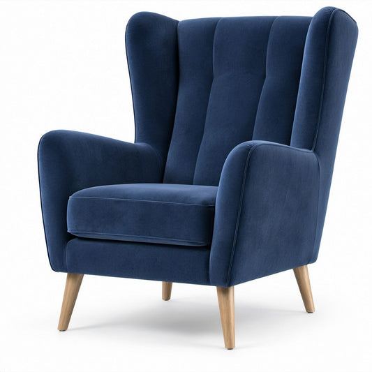 Poltrona Orelheira em Veludo Azul-Marinho com Pés em Madeira Natural 80 x 85 x 105 cm