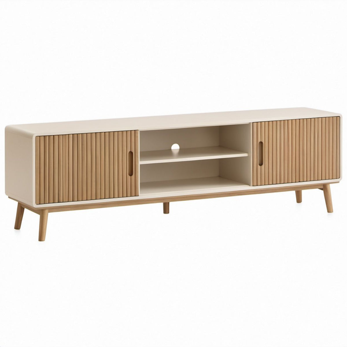 Móvel de TV em MDF Bege e Madeira Clara 140 x 40 x 55 cm com Portas Deslizantes