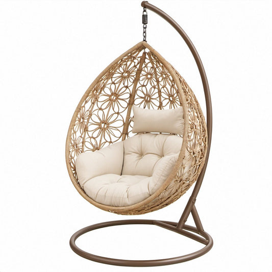 Assento Suspenso Oval em Rattan PE Bege com Suporte em Aço Castanho 105 x 105 x 198 cm