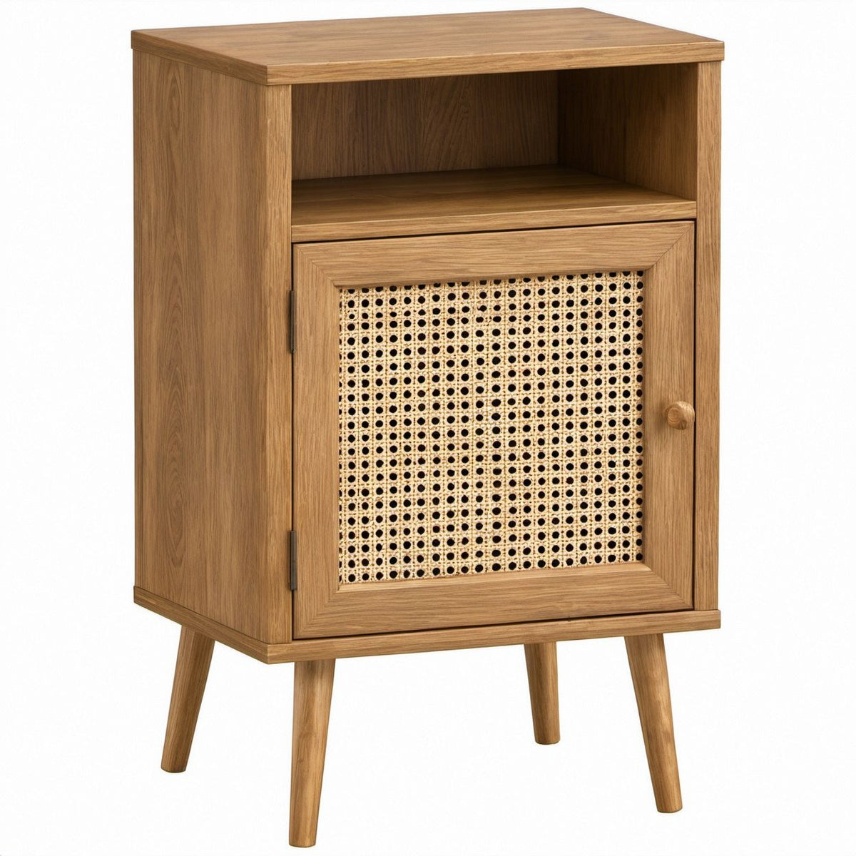 Mesa de Cabeceira em MDF Carvalho com Porta em Rotim Natural, 40 x 35 x 65 cm