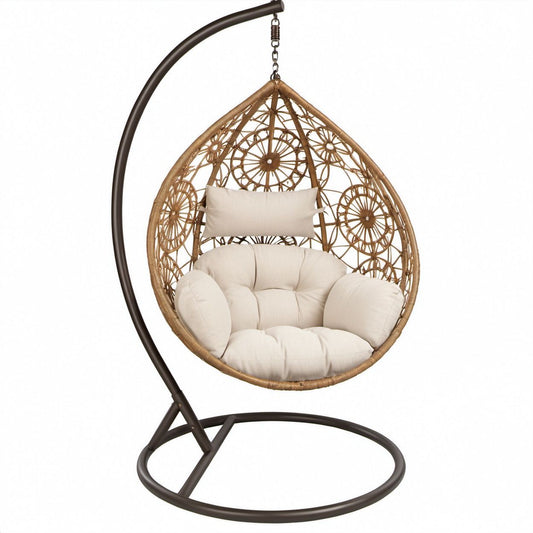 Cadeirão Suspenso Oval em Vime Sintético Castanho com Estrutura Preta e Almofadas Bege, 105 x 105 x 195 cm