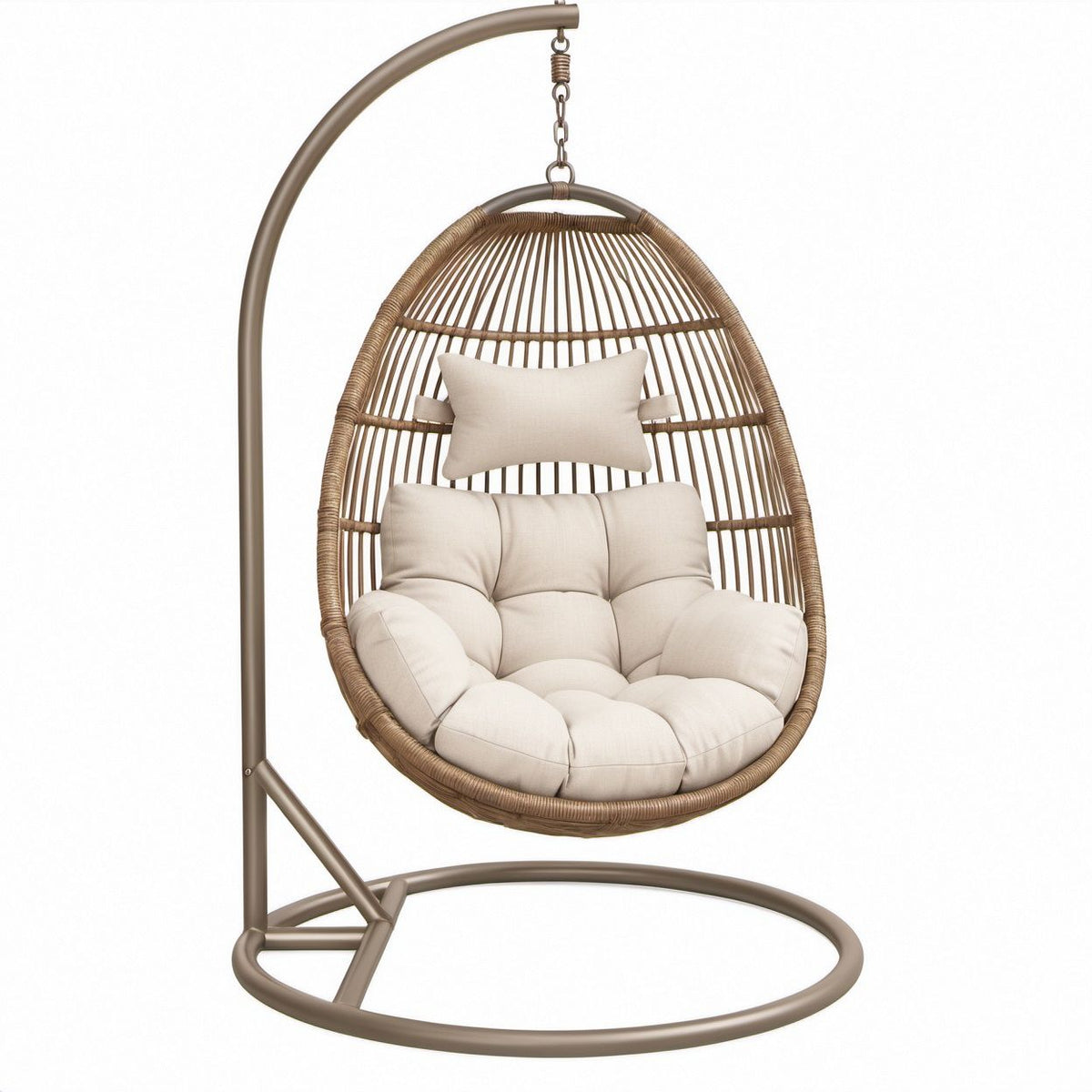 Cadeira Suspensa Oval com Suporte em Aço Castanho e Almofadas Bege, 104 x 104 x 195 cm