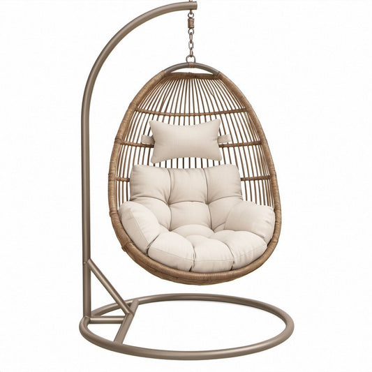 Cadeira Suspensa Oval com Suporte em Aço Castanho e Almofadas Bege, 104 x 104 x 195 cm