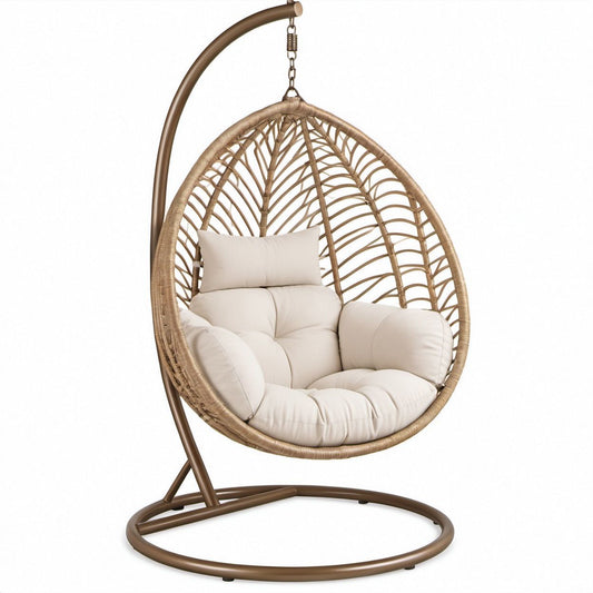 Cadeira Suspensa Oval com Suporte em Aço e Rattan PE Bege e Castanho 105 x 105 x 195 cm