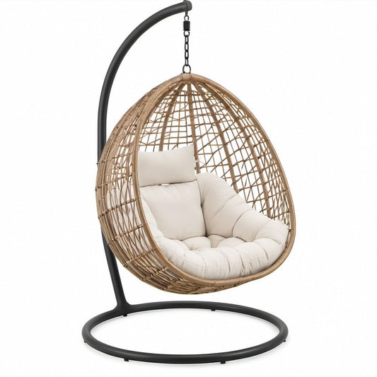 Cadeira Suspensa Oval em Vime PE Castanho com Suporte Preto, 105 x 105 x 195 cm